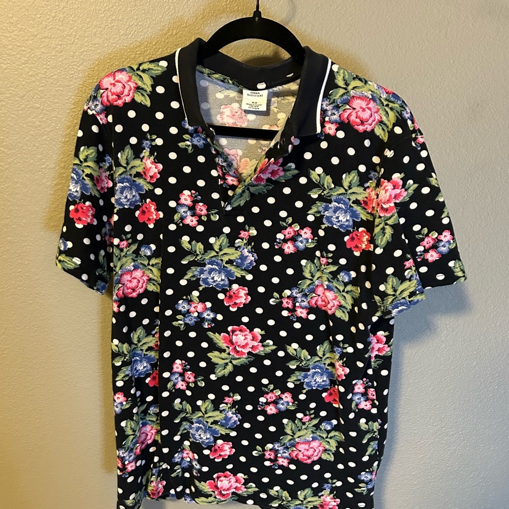 Urban Outfitters Black Floral Polka Dot Polo